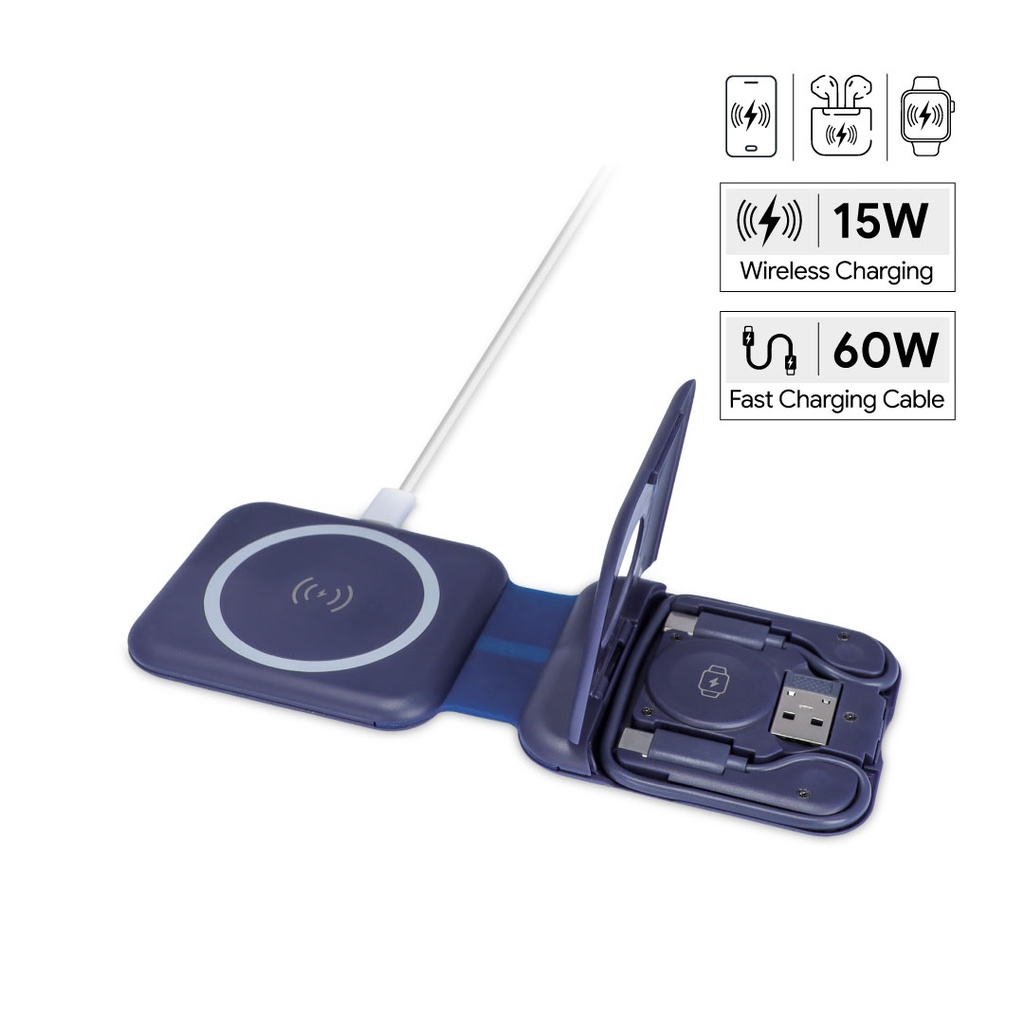 TURIN - @memorii Foldable Wireless Charger and Multicable Set - Navy Blue